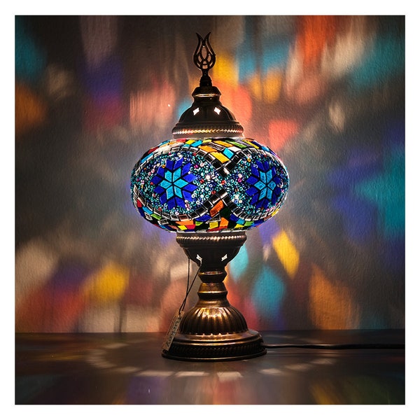 Lámpara de escritorio de mosaico turco: Iluminación bohemia para el hogar, base de bronce