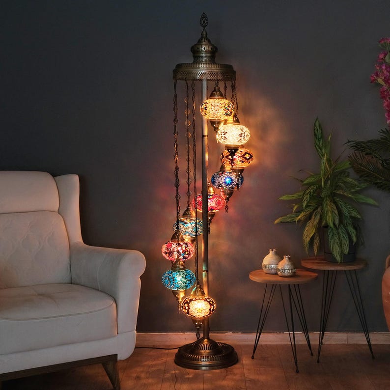 Handmade Turkish Mosaic Floor Lamp, Customizable Globe Lighting, 4 Different Models of Indoor Lighting