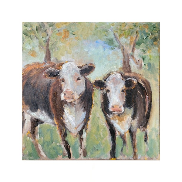 Vaches peinture originale peinture à l’huile petite vache image unique maison de campagne œuvre d’art empâtement peinture