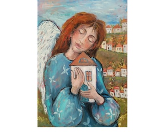 Angel Original Painting Guardian Angel Wall Art Impasto Religion Gift XL Canvas Art