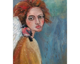 Angel Original Painting Angel with Apple Wall Art  Gift XL Canvas Art