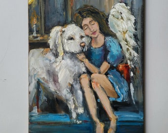 Angel and Dog Original Painting Guardian Angel Wall Art Impasto Angel with Dog Painting Canvas Art