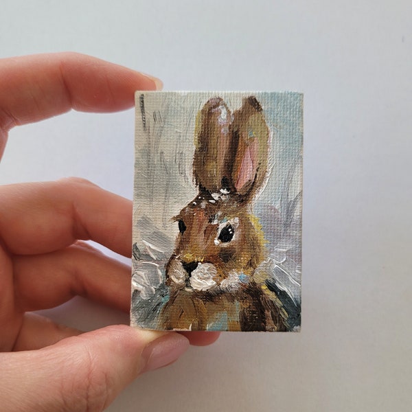 Rabbit Painting Hare Original Artwork on Magnet Bunny Oil Painting Oil on Canvas Gift Farmhouse Painting