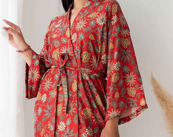 S11 Long Red Kimono Robe, Luxury Pyjamas, Silk Kimono Robe, Night Wear, Wedding gift