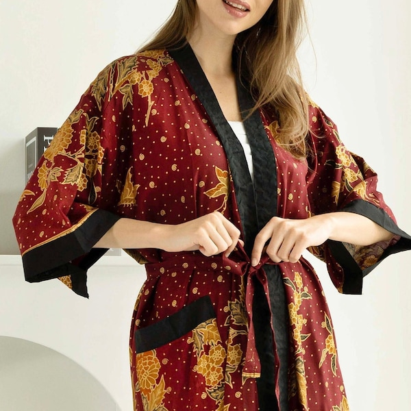 Maroon Cotton Kimono Robe, Batik Kimono Robe, Maroon Batik Kimono, Man Kimino Robe, Women Long Batik Kimono, Gift For Her