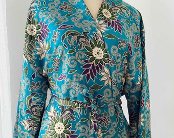 Blue Floral Silk Kimono Robe, Handmade Silk Pyjamas, Bali Silk Kimono, Satin Kimono Robe, Wedding gift, Boho Kimono, Gift for her