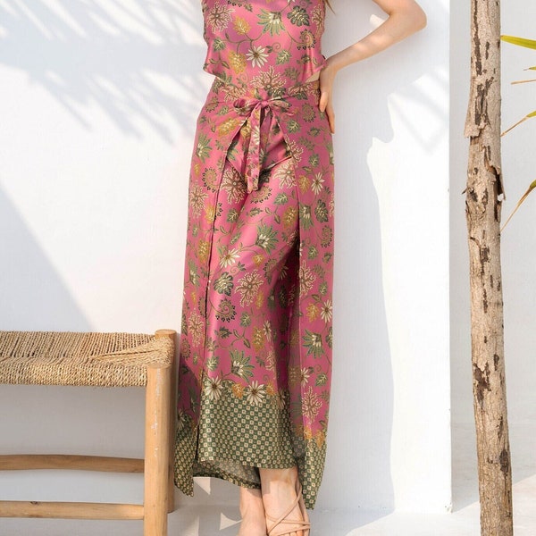 Pinkish Set Silk, Wrap Pants Top and Pant Set for Women, Summer Style, Bali Handmade