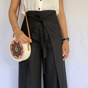 Black Linen Trousers , Black Wrap Pants Trendy, Bali Beach Pants, black Long Pants, Summer Pants, Festival Trousers