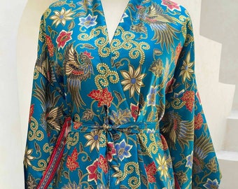 E08 Luxury Emerland Gold Batik Silk Kimono Robe, Soft Silk Pyjamas, Silk Kimono, Satin Kimono Robe, Wedding gift