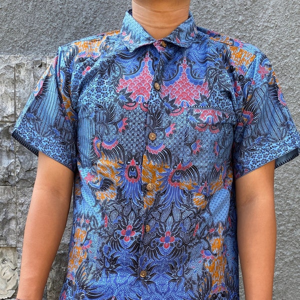 Chemise Batik bleue pour hommes, chemise en coton, chemise balinaise, batik fait à la main pour hommes