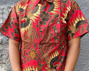 Red Batik Shirt, Cotton Shirt, Balinese Shirt, Handmade Batik for Men