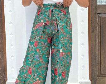 Soft Green Silk Wrap Pants, Festival Trousers, Silk Trousers, Hippie Pants in Green, Summer Pants, gift for her