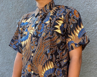 Blue black Batik Shirt, Cotton Shirt, Balinese Shirt, Handmade Batik for Men