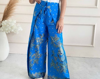 Blue Cotton Batik Pants, Batik Wrap Pants, Beach Pants, Summer Pants, Blue Trousers, Bohemian Trousers, Palazzo Pants