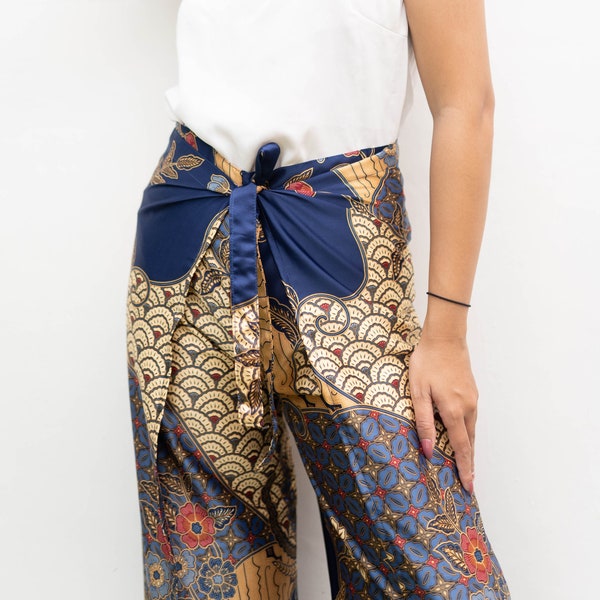 D01 Blue Batik Silk Wrap Pants, Pantalons longs en soie faits à la main, Pantalons de festival, Pantalons en soie, Pantalons d'été