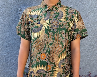 Green Batik Shirt, Cotton Shirt, Balinese Shirt, Handmade Batik for Men