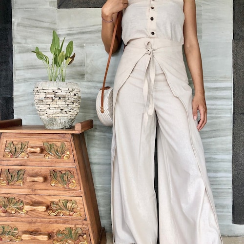 White Linen Trousers , White Wrap Pants Trendy, Bali Beach Pants, white Long Pants, Summer Pants, Festival Trousers