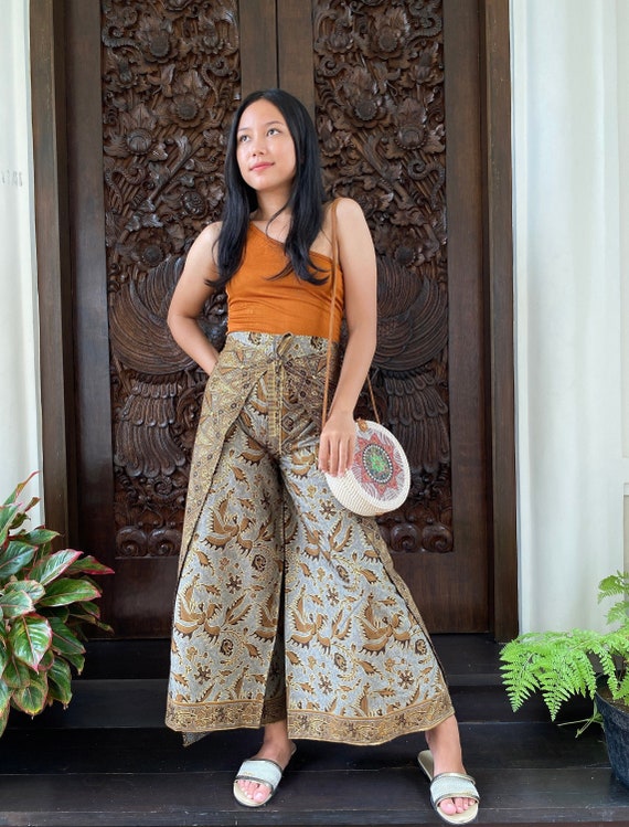 Soft Brown Batik Wrap Pants, Handmade Batik Trousers, Batik