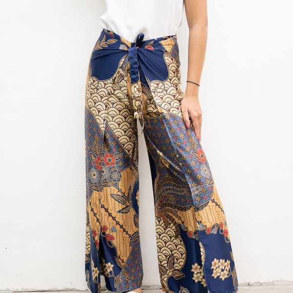 D01 Pantalon portefeuille en soie batik bleu, Pantalon long en soie fait main, Pantalon de festival, Pantalon en soie, Pantalon d'été