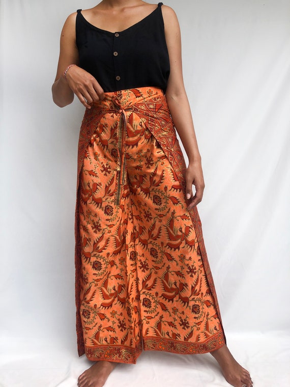 A064/ Orange Batik Wrap Pants Handmade 