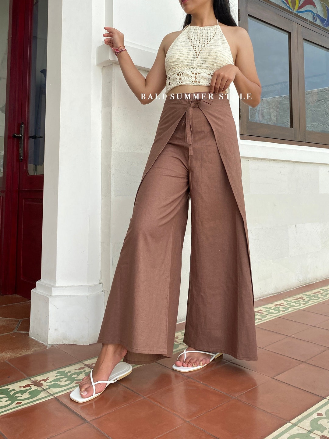 Brown Linen Trousers Wrap Pants Trendy Bali Beach Pants Etsy
