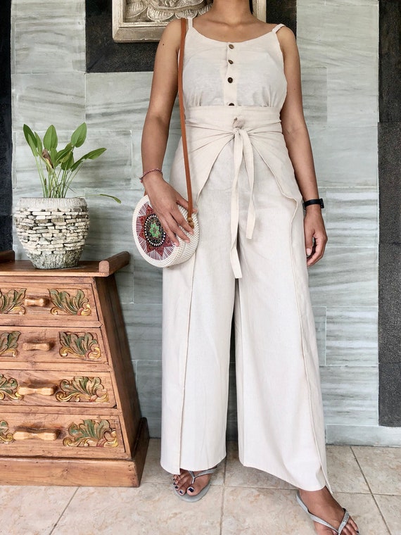 White Linen Trousers White Wrap Pants 