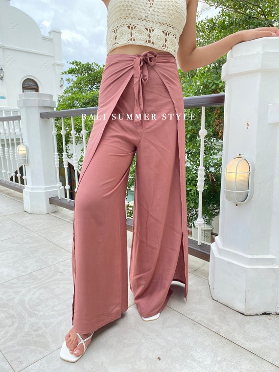 Women's Fashion Loose Casual Solid Color High Waist Flowy Wide Leg Pants  Front Split Wrap elegant lace-up Length Trousers - AliExpress