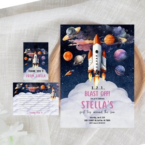 Outer Space First Birthday Invite, Outer Space Astronaut Girl Birthday Invite, Galaxy Blast Off First Trip Around The Sun 1st Birthday Party