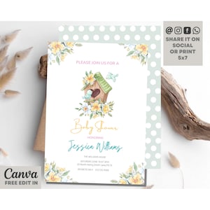 Bird Baby Shower Invitation, Bird House Watercolor Baby Shower Invite, Love Birds Baby Shower Invitation, Floral Digital or Printed Editable