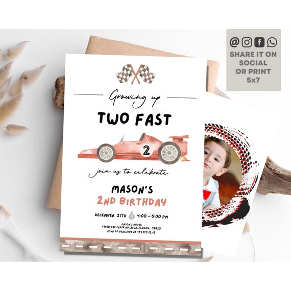 Editable Racing Car Birthday Invitation Growing Up Two Fast Invite