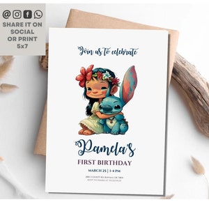 Lilo And Stitch eerste verjaardagsuitnodiging, Stitch verjaardagsuitnodiging sjabloon, gepersonaliseerde digitale meisjes kinderfeestje, Stitch Party