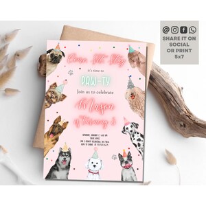 Dog Birthday Party Invitation Puppy Pawty Invitation Girls Glow Pink Doggy Shelter Animal Pet Vet Dog Theme Birthday Invite Pawty Birthday