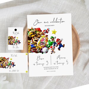 Super Mario Sibling Birthday Invitation, Super Mario Birthday Invite, Sibling Mario Birthday Invitation with Thank You Tag & Card, Instant