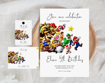 Super Mario Birthday Invitation Template, Mario Printable Birthday Party Invitation, Digital Kids Party Invite, Personalized Thank You Card