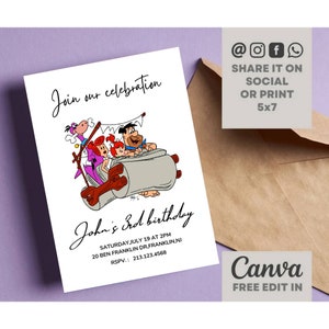 Fred Flintstone Birthday Invitation, Fred Flintstone Bam Bam Cartoon Invite Template, Kids Birthday Invite Editable Template, W/ Favor Tags