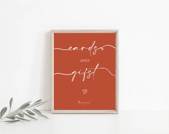 Placa de cartões e presentes minimalistas, modelo de placa de casamento moderno, placa de presentes de casamento em terracota, placa de presente de chá de panela, laranja queimado