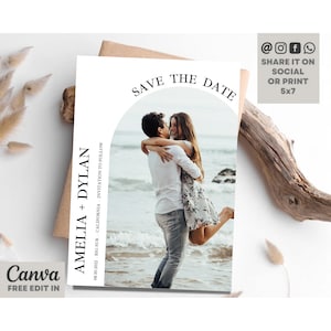 Minimal Arch Curve Photo Save the Date Card, Engagement Photo, Half Arch, DIY Self Editable Template, Printable Instant Download Canva