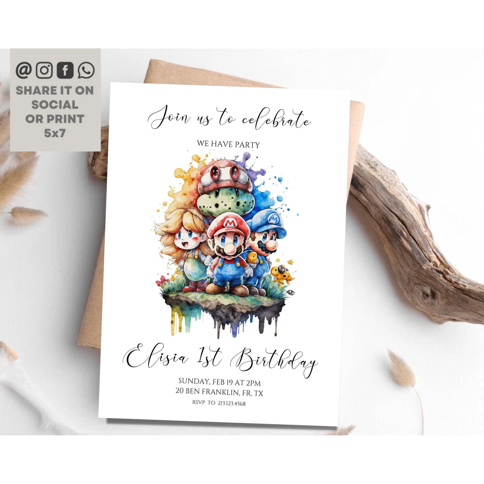Super Mario First Birthday Invitation, Mario 1st Birthday Party Invitation, Super Mario Birthday Invitation with Thank You Tag & Card