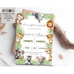 Invitation d'anniversaire de frère et de soeur Safari | Invitation de fête des jumeaux de <br> Liste d'envies Vous avez des idées ? Faire-part de verdure Singe Lion Tigre Zèbre Girafe Éléphant koala