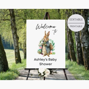 Peter Rabbit Welcome Sign, Boy Baby Shower Welcome Sign, Peter Rabbit Watercolor Bunny Boy Blue Welcome Sign, Printable Sign Template