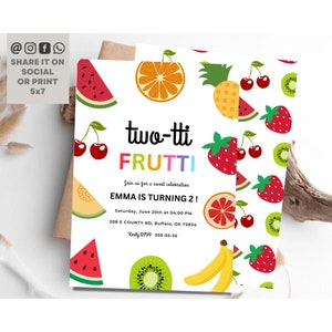 Two-tti Frutti Birthday Invitation, Tutti Frutti 2nd Birthday Invite, Tutti Frutti Tropical Summer Party Card, Fruit Party Editable Template