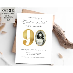 90th Photo Birthday Invitation, Ninetieth Birthday Party Invite, Golden Black And White Printable Canva Template for Her Celebration Invite