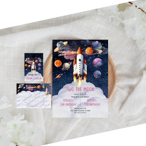 Outer Space Sibling Birthday Invite, Outer Space Astronaut Girl Birthday Invite, Two the Moon Sibling Birthday Invite, Girls Birthday Invite