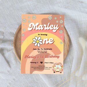 Groovy One Retro 1. Geburtstag Einladung Erster Geburtstag Boho Retro Gänseblümchen Geburtstag Einladung 70er Floral Power Festival Peace Love Party Einladung