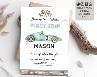 Blue Race Car 1st Birthday Invitation First Trip Around the Track First Birthday Racing Invitation Download Printable Template Digital