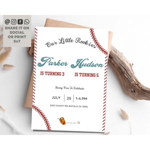 Baseball Birthday Sibling Invitation, Our Little Rookies Baseball Party Invite, Boy Baseball Party Birthday Invite, Editable Party Template