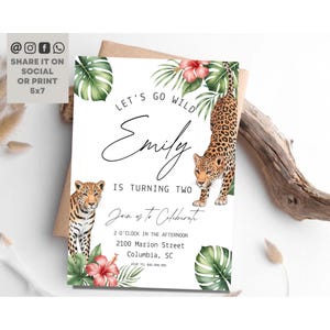 Leopard Birthday Invitation, Leopard Jungle Birthday Party Invite, Tropical Leaves Invitation, Safari Birthday Invitation, Editable Instant