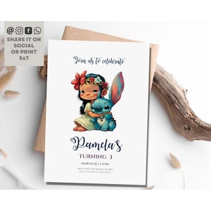 Lilo en Stitch 3e verjaardag uitnodigen, Stitch derde verjaardagsuitnodiging sjabloon, gepersonaliseerde digitale meisje Kids Party uitnodiging, Stitch Party