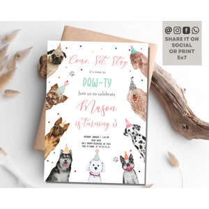Dog Birthday Party Invitation, Puppy Pawty Invitation, Girls Pink Doggy Shelter Animal Dog Theme Birthday Invite, Pawty Birthday Invite