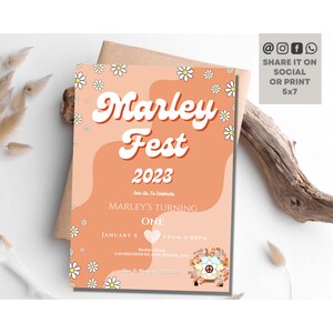 Music Festival Birthday Party Invitation, Floral Boho Retro Daisy Birthday Invite, 70&#39;s Groovy Hippie Floral Power Festival Party Invite